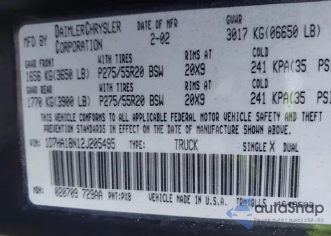 2002 Dodge Ram 1500 St from USA, damaged, VIN 1D7HA18N12J205495